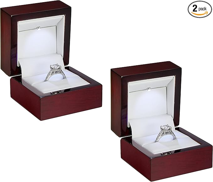 Allure - 2 Pack, Luxury Ring Box With LED Light, Authentic Mahogany Wood With White Leatherette Insert, Square Elegant Diamond Ring Case For Unique Proposal Or Wedding, Small Jewelry Display Gift Box.