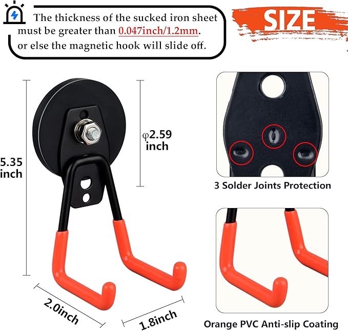 ULIBERMAGNET Heavy Duty Large Garage Magnet Hooks, 3 Pack Strong Storage Utility Magnetic Hooks with Anti-Slip Coating for Pegboard,Garage Shelve Hanging (Orange)