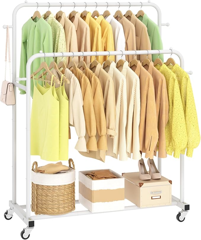 Laiensia Double Rods Garment Rack with Wheels, Clothing Rack for Hanging Clothes,4 Hooks, Multi-functional Bedroom Clothes Rack, White