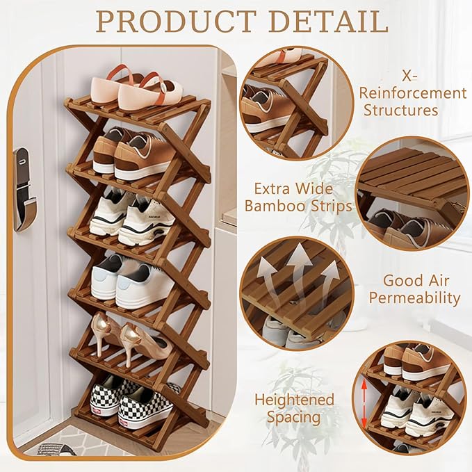 Comeon Bamboo Shoe Rack, Foldable Vertical Shoe Rack for Front Door Entrance Narrow Shoe Organizer Small Shoe Shelf for Entryway Shoe Storage Closet Multi-Tier (Brown Colors,7 Layers)