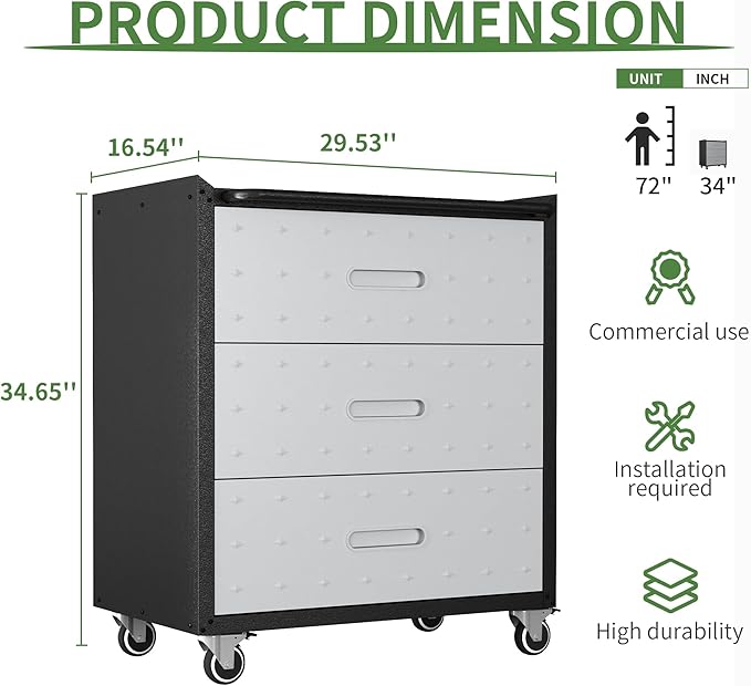 Tool Storage Cabinet, Rolling Tool Cabinet with 3 Drawers, Metal Storage Cabinet for Garage, Tool Room, Assembly Required(Black and Gray)