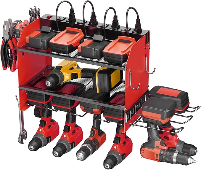 CCCEI Modular Power Tool Organizer Wall Mount Charging Station, Red 6 Drills Holder with 8 Plug Power Strip 10FT, Garage Drill Battery Heavy Duty Metal Shelf, Utility Rack with Hooks, Side Storage.