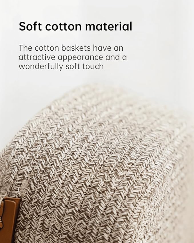 Medium Cotton Woven Basket with PU Leather Handle, Baby Kids Clothes Toys Candy Gifts Cotton Rope Organizer, Living Room Bathroom Shower Storage Laundry Basket, Dog Cat Bed, Cute Decor, White