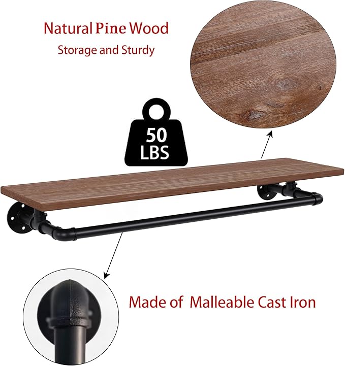 Clothes Rack 42in, Wall Mounted Garment Rack with Real Wood Shelf, Heavy Duty Hanging Clothes Rack, Multi-Purpose Hanging Rod, Space-Saving Closet Storage