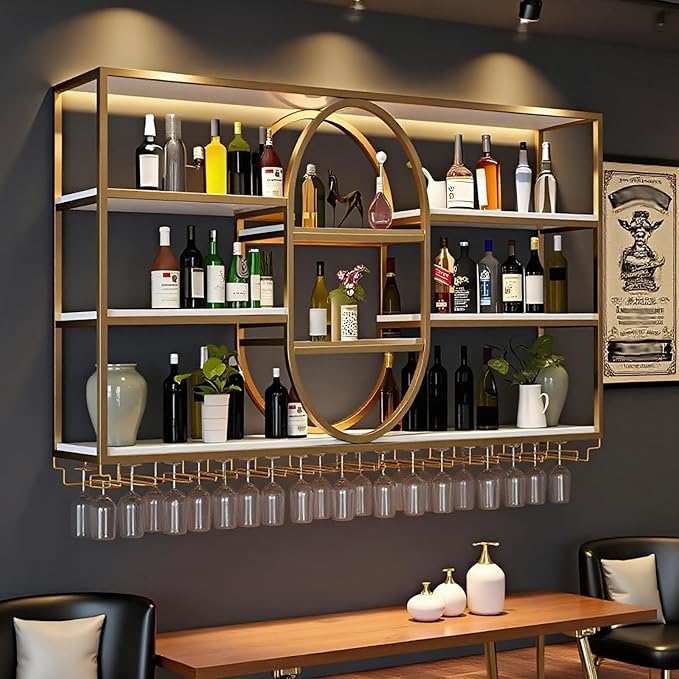 55.1IN Large Wall Mount Wine Rack, Metal 4 Tier Hanging Bottle Holder with Wine Glass Storage Racks, Modern Floating Wine Shelves for Home Bar Dining Room Decoration (Gold)