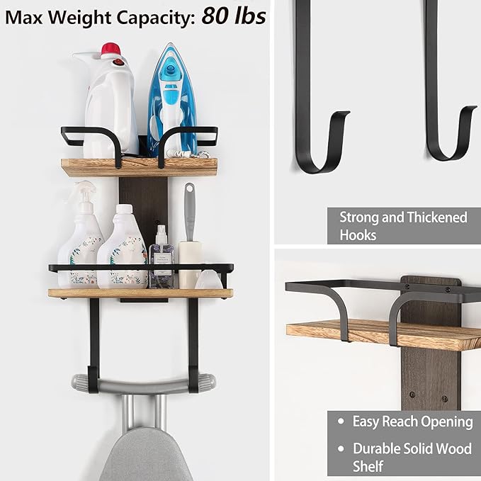 VINAEMO Ironing Board Hanger Wall Mount, 2-Layer Iron and Ironing Board Holder, Laundry Room Shelves Solid Wood with Removable Hooks Home Organization and Storage