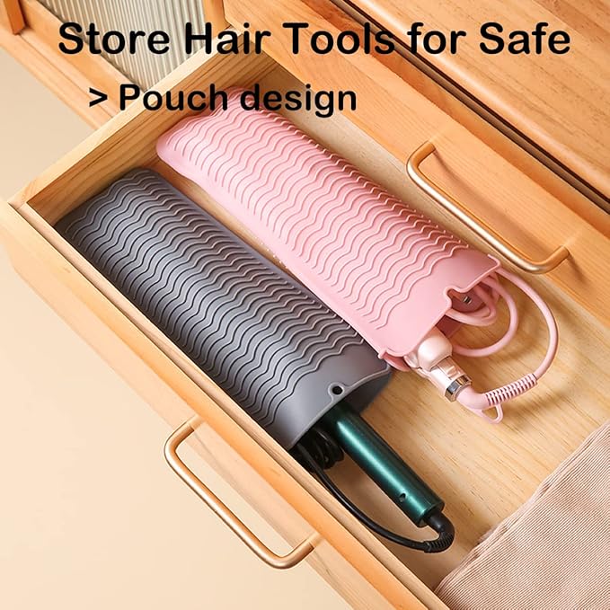 Heat Resistant Silicone Mat with Hanging Hole, Straightener Heat Resistant Travel Mat & Pouch for Curling Iron, Flat Iron and Other Hot Hair Styling Tools, 11 x 5 in, Pink