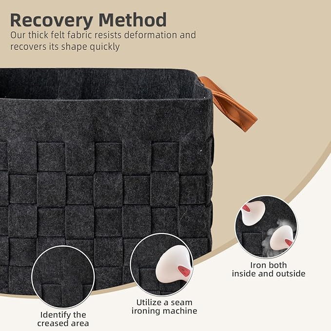 Storage Basket 3 Pack, 13" x13" x13 " Large Blanket Baskets with Leather Handle, Cube Felt Fabric Storage Box for Shelves, Bedroom, Nursery, Living Room - Dark grey