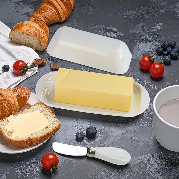 Butter Dish with Lid and Knife, Durable Countertop & Fridge Butter Keeper, BPA-Free Melamine Butter Container, Dishwasher Safe, Fits East/West Coast Butter Sticks (White)