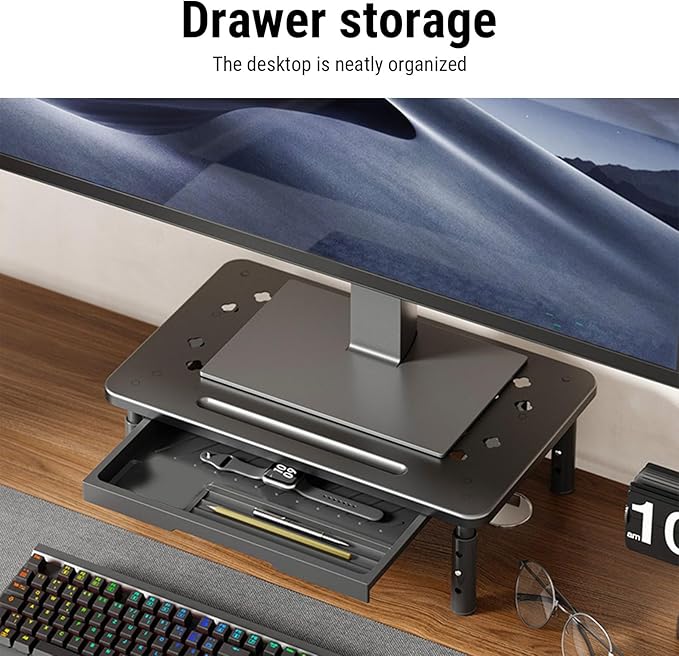 Diyeeni Computer Monitor Stand Riser, Desk Organizers and Accessories with Drawer, Laptop Stand for Desk, Adjustable Height 10.5-14.5cm, 20KG Bearing, Ventilation Hole (black)