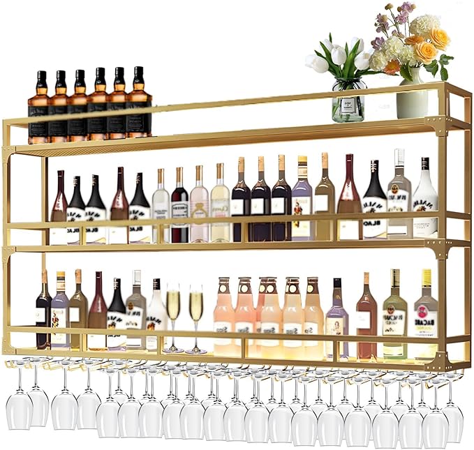 47.2in Wall Mounted Wine Rack, Wine Rack Wall Mounted with Wine Glass Rack, Metal Bar Bottle Display Shelf Wine Cups Hanging Holder, for Home Bar Cafe Decoration (Gold, 47.2 * 10 * 35.5IN)