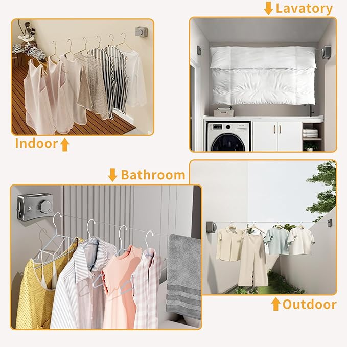 Retractable Clothesline Indoor & Outdoor, Non-Sagging Wall Mounted Drying Rack Clothesline, 16.7 Ft Stainless Steel Wire Double Clothes Lines, Hanging Clothes line for Balcony, Courtyards(Grey)