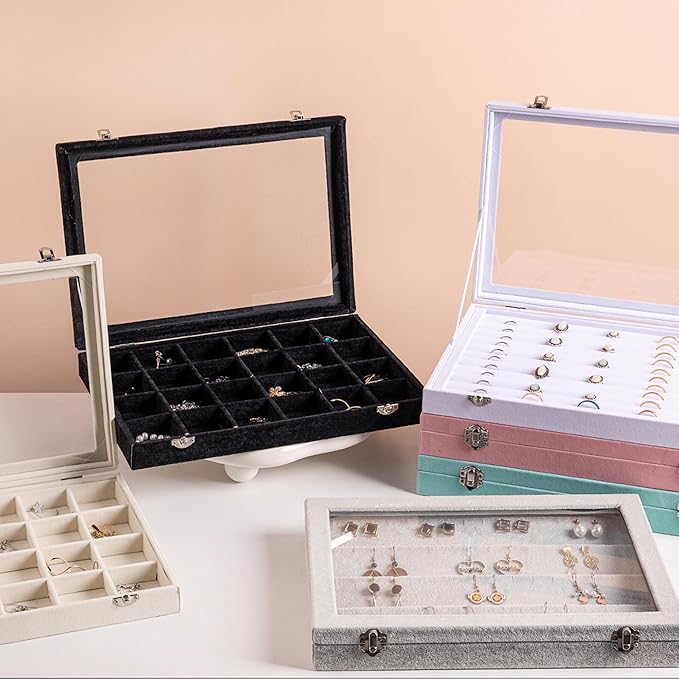 Frebeauty Jewelry Organizer Tray with Clear Lid 24 Grid Velvet Drawer Insert Jewelry Storage box with Transparent Glass lid Jewelry Display Case with Lock Gifts for Girls Women (White, 24 Grid)