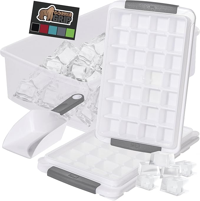 GORILLA GRIP BPA-Free Easy Release Ice Cube Tray for Freezer, Make Lots of Ice, 56 Cubes Total, Kit Includes 2 Stackable Leakproof Trays with Lid and Soft Handle Grips, Scooper, Bin, For Coffee, Gray