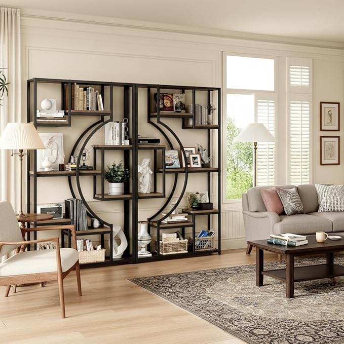 70.8" Tall Bookshelf Set of 2, 79" Wide Geometric Display Shelf with 18 Open Storage Shelves, Scratch-Resistant Gray Wash & Metal Frame, for Living Room, Office, Bedroom – Anti-Tip & Adjustable Feet
