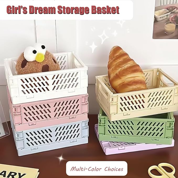 Small Pastel Plastic Storage Bins 2Pcs Foldable Pastel Crates Plastic Basket Colorful Storage Containers Baskets for Classroom Kitchen Office Bedroom Desktop Home Decor (White 5.8" x 3.8" x 2.2")