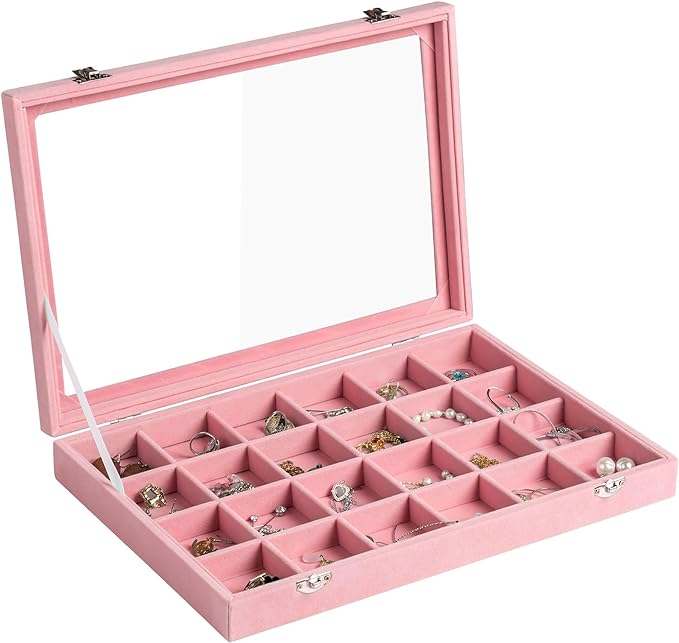 Frebeauty Jewelry Organizer Tray with Clear Lid 24 Grid Velvet Drawer Insert Jewelry Storage box with Transparent Glass lid Jewelry Display Case with Lock Gifts for Girls Women (Pink, 24 Grid)