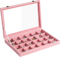 Frebeauty Jewelry Organizer Tray with Clear Lid 24 Grid Velvet Drawer Insert Jewelry Storage box with Transparent Glass lid Jewelry Display Case with Lock Gifts for Girls Women (Pink, 24 Grid)