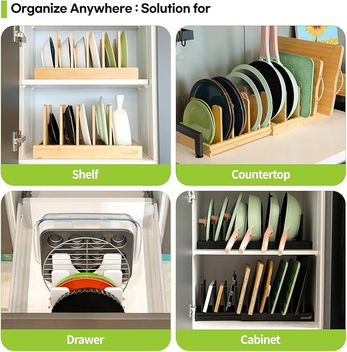 Bamboo Expandable Bakeware and Cutting Board Organizer, Adjustable Pot Lids Holder Rack, Cookie Sheet Baking Pan, Tray Organizer for Kitchen Storage (Black)