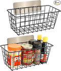 2 Pack Hanging Wall Basket Wire Storage Baskets, Adhesive Basket for Cabinet Door Organizer No Drilling, Hanging Fruit Baskets for Kitchen, Pantry Organization, Bathroom, Black