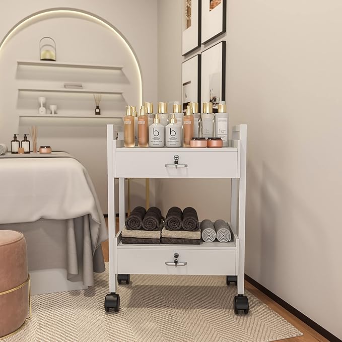 Paddie Salon Trolley Cart, Salon Tray Wooden Mobile Utility Cabinet with 2 Lockable Drawers, Rolling Storage Station Medical Esthetic Supply Holder for Beauty Spa (2 Drawers, White)