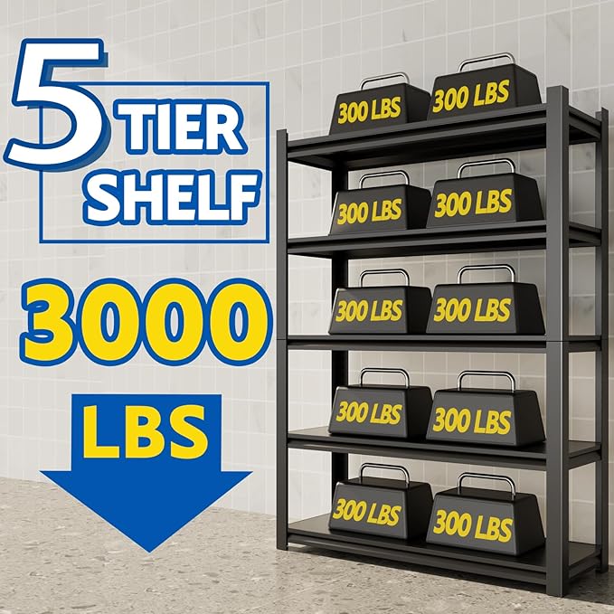 72''H Garage Shelving Heavy Duty,3000LBS Storage Shelves,5-Tier Adjustable Metal Shelve Storage Shelf Rack, Industrial Shelving Unit for Garage, arehouse,Basement (59" W x 19.7" D x 72" H) 2PC