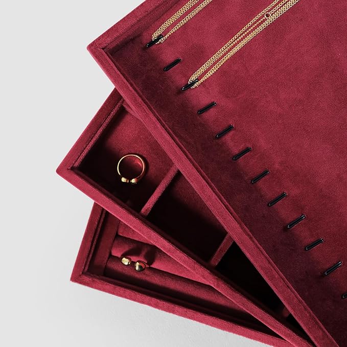 Velvet Jewelry Display Tray For Bracelet Pendant Necklace, Multi-Slot Stackable Storage Tray For Long Chain Jewelries, Drawer Insert Jewelry Organizer (Red)