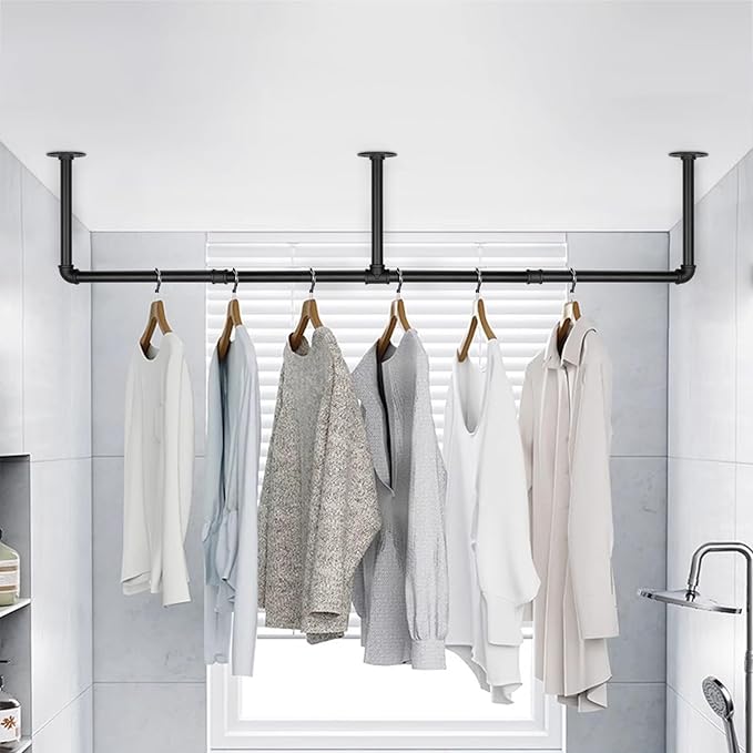 Industrial Iron Pipe Clothes Hanging Bar DIY Wall-Mounted Garment Rack Heavy Duty Clothing Rack for Bedroom, Laundry Room, Closet Storage (Black 50 inch)