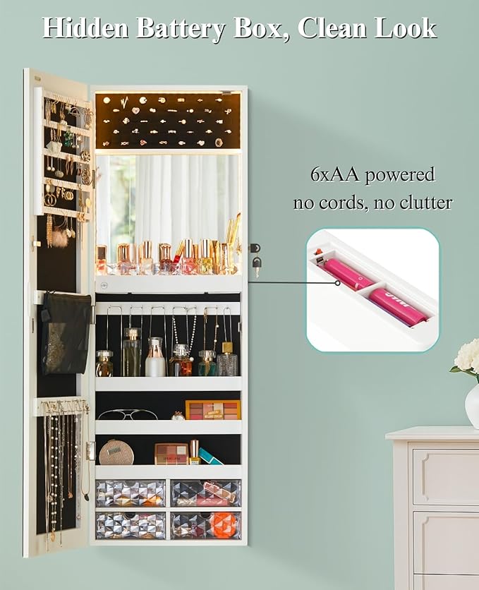 LUXFURNI LED Lights Mirror Jewelry Cabinet Wall Mounted or Door-Hanging, 42" Full Length Mirror with Storage, Built-in Makeup Mirror, Lockable Jewelry Mirror Organizer, White