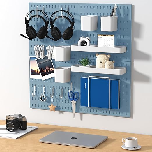 Peg Board Combination Kit, 8 Pegboards with 40 Accessories, Pegboard Wall Organizer for Office, Nursery & Home Storage, Key Holder, 51.2"x25.6" – Nail-Free Installation（Blue）