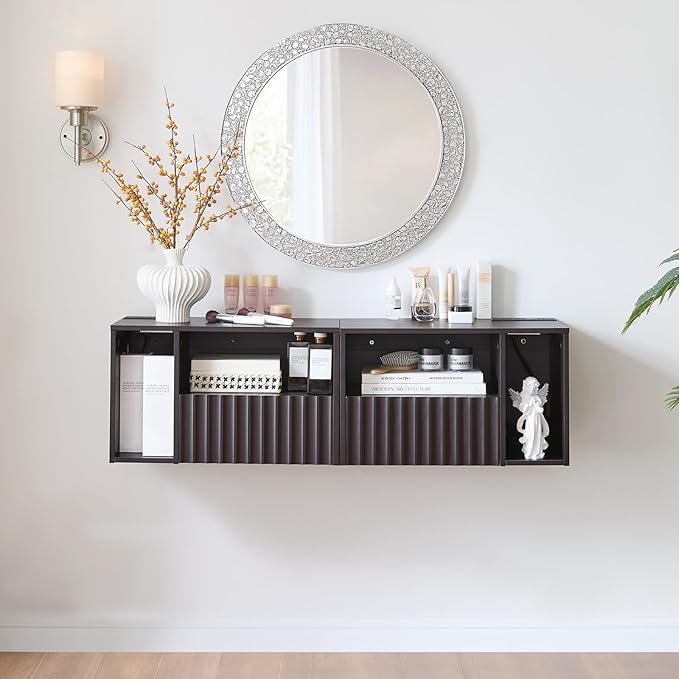 Modern Espresso Fluted Floating Nightstand with Charging Station, NightStand with Drawers, Bedside with USB Ports and Outlets, Bedroom Furniture (Right)