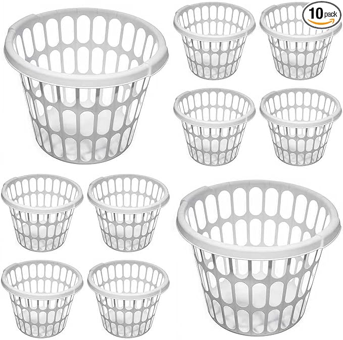 10-Pack Round White Plastic Laundry Basket, Suitable for Use in Bathrooms, Laundry Rooms, Bedrooms and Dormitories, Lightweight and Durable.