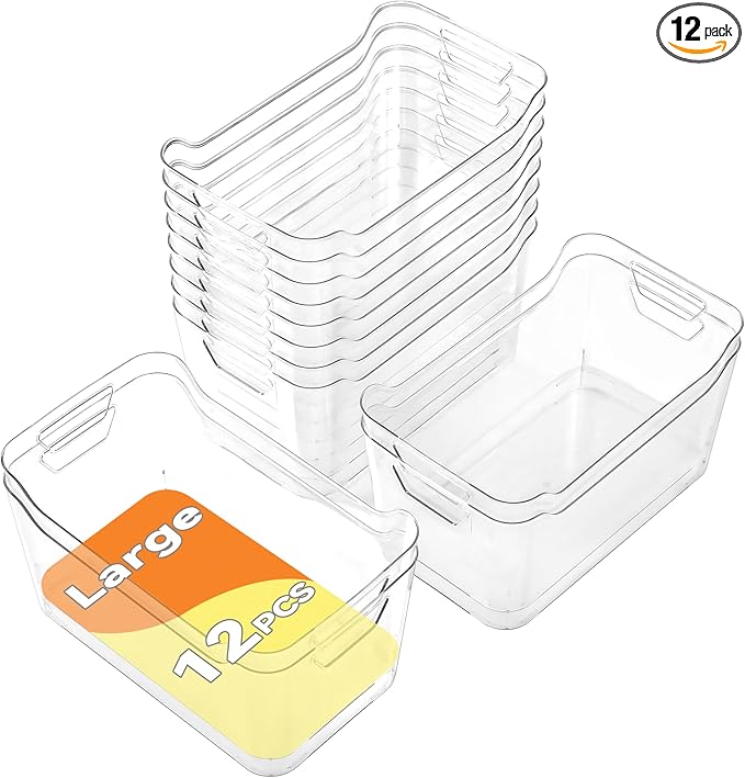 Clear Plastic Storage Bins - 12 Pack Pantry Organizers and Storage,Large Clear Pantry Organizer Bins, Plastic Containers with Handle for Kitchen,Freezer,Cabinet,Closet,Bathroom Under Sink