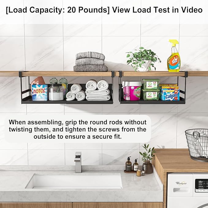 Expandable Under Cabinet Shelf Organizer with 0.94-Inch Thick Clips, Heavy Duty Extendable Under Shelf Storage Basket for Pantry or Laundry Room, Black, 2 Pack, Interior: 4.13" H x 8.54" D