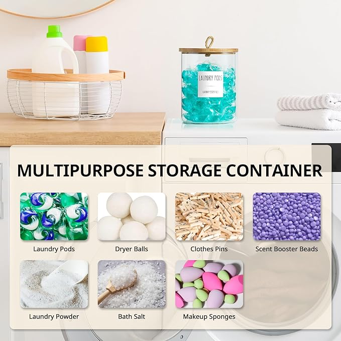 Glass Laundry Pods Container, 0.5 Gallon 2 Liter Laundry Jars with Burnt Wood Lids for Laundry Room Organization and Storage, Powder Detergent Holder for Laundry Room Decor and Accessories