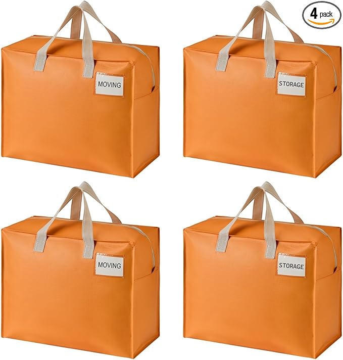 VENO 4 Pack Heavy Duty Moving Bags, Storage Bags, Packing Supplies, Top Zipper, Storage Totes for Camping, Clothes, Bedding, Comforters, Pillows (13 Gallon, Seasonal Autumn Orange, 4 Pack)