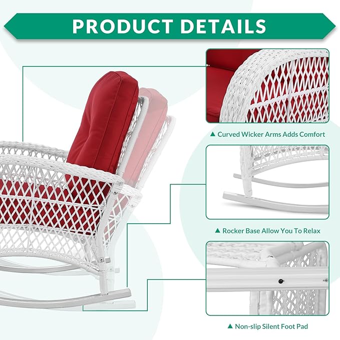 VIVIJASON 2 Piece Patio Wicker Rattan Rocker Chair, Outdoor Rattan Rocker Chair with Cushions & Steel Frame, All-Weather Rocking Lawn Wicker Furniture for Garden Backyard Porch (White Wicker/Red)