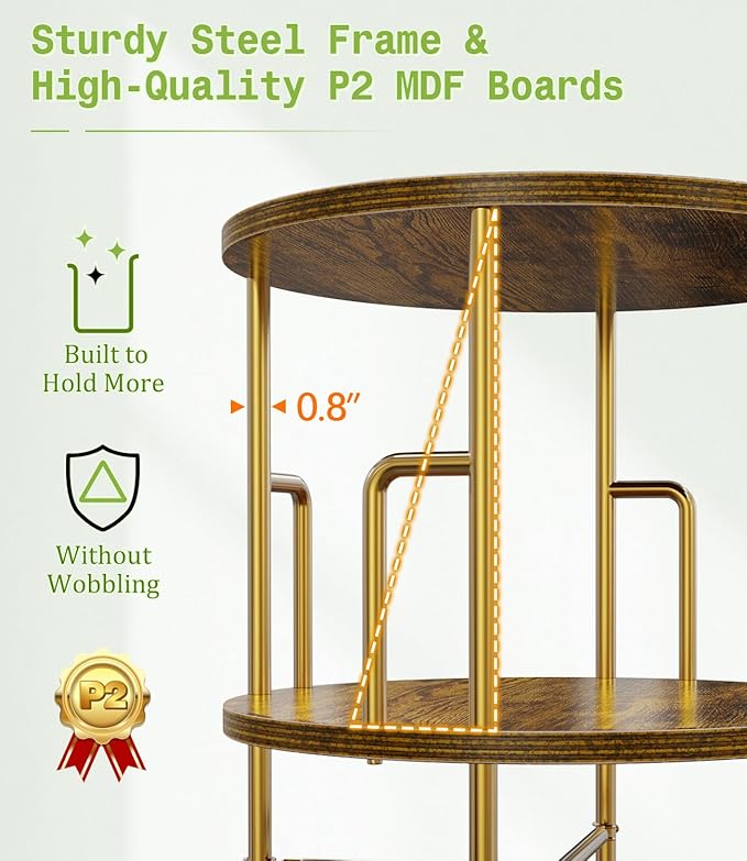 3 Tier Rotating Bookshelf Tower Round Gold,37” Floor Standing Spinning Bookshelf Tower Anti-Tipping Design,Metal & Wood Revolving Bookcase Stackable Space Saving for Small Spaces,Study,Living Room