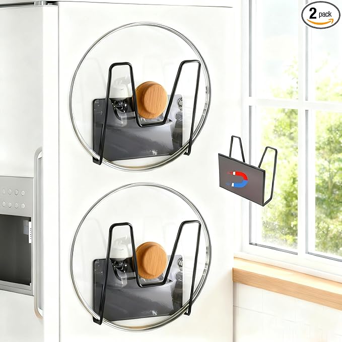 Magnetic Pot Lid Holder for Refrigerator, 2 Pack Strong Magnetic Pot Lid Organizer for Cutting Board, Baking Tray & Pan Covers, Stainless Steel Moveable Kitchen Storage Rack