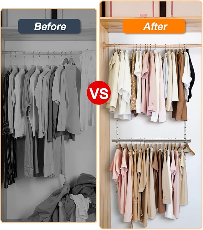 Hanging Closet Rod, Adjustable Width and Height Closet Rods Extender, 17-28inch Heavy-Duty Stainless Steel Bar, Space-Saving Closet Rod Hanging Clothes, 1Pack(Silver)
