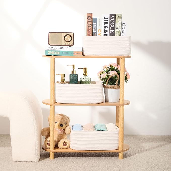 Small Storage Baskets for Organizing | Closet Organizer Bins | Shelf Toy Basket | Woven Rope Baskets | Cube Decorative Box | Shallow Basket | 13x8.5x5.1” | 3 Packs Off White