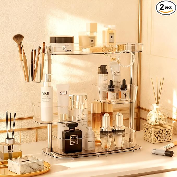 Rotating Makeup Vanity Organizer, Bathroom Countertop Cosmetic Skin Care Storage,Cosmetic Display Case with Brush Holder,for Skincare Perfume Cosmetics,Detachable Hanging Trays & Hooks