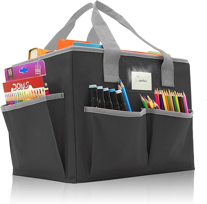 Cupohus Extra Large Art Organizer Craft Storage Tote Bag with Pockets and Hadles, Oxford Fabric Carrying Caddy for Teacher, Officer, Artist, Students, Traveler, and more – Black with Grey Edge