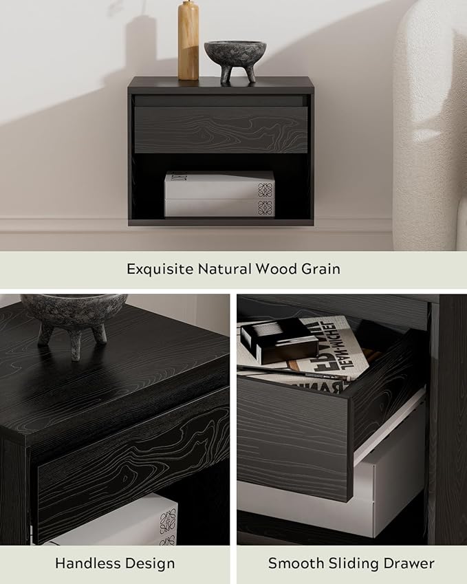 Floating Nightstand Set of 2, Wall Mounted Bedside Table with Storage Drawer and Open Shelf, Modern Night Stand with Handless Design for Living Room, Bedroom, Dorm, Black