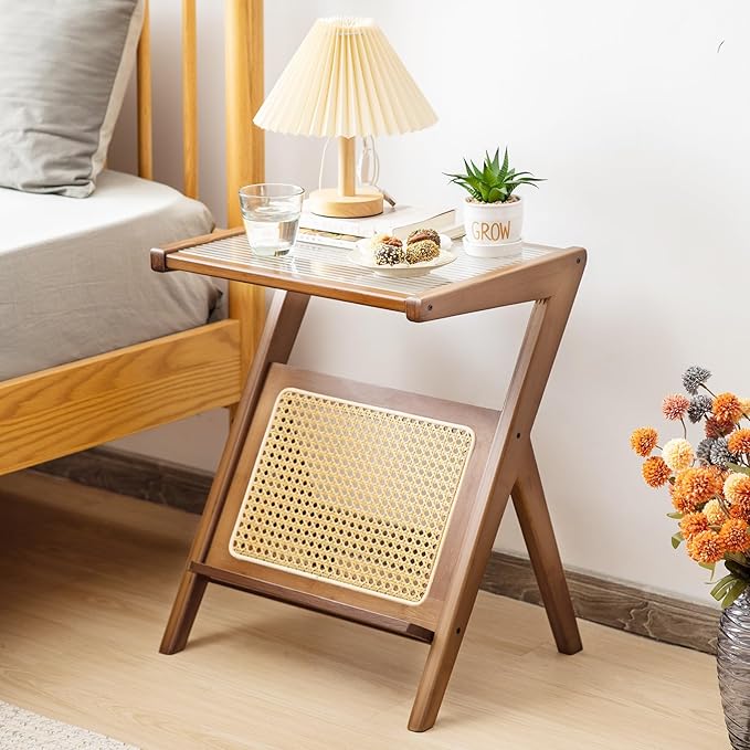 GOFLAME Rattan Side Table, Z-Shaped End Table with Tempered Glass Top, Magazine Rack, Boho Night Stand, Small Coffee Table, Bamboo Accent Bedside Table for Living Room, Bedroom, Walnut