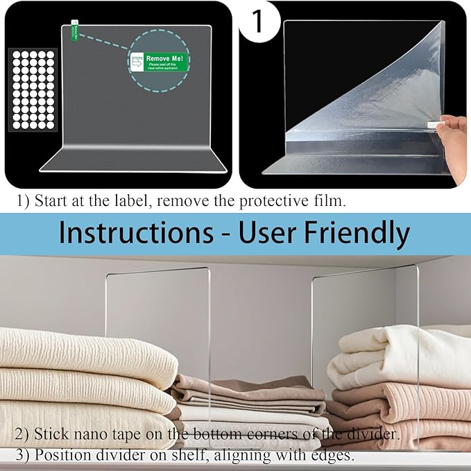 Shelf Dividers for Closet Organization - 10" Tall x 12" Deep Acrylic Closet Dividers for Shelves - Clear Free-Standing Shelf Separators for Clothes Sweater Purse