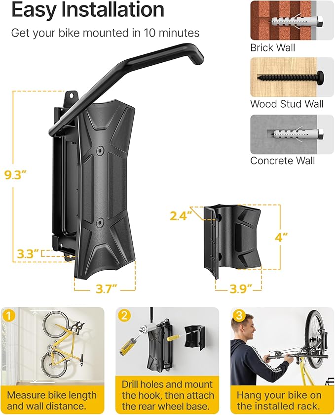 monTEK Bike Wall Mount for 4.5" Tire Width, Swivel Bike Wall Hanger Holds Up to 77lbs, Space-Saving Bike Rack Garage, Heavy Duty Bike Storage for Bedroom Home Office, 4 Pack