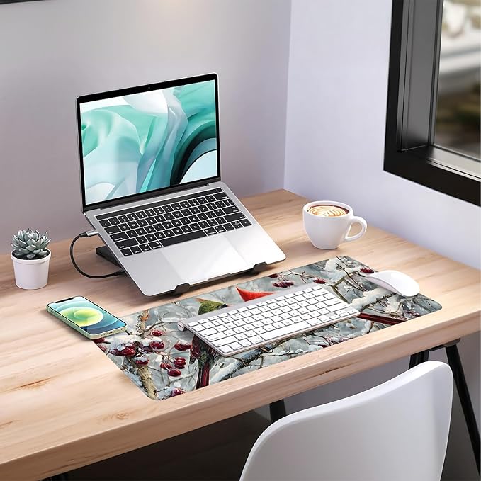 Winter Cardinal Bird Gaming Mouse Pad 31.5"x11.8"Desk Mat Anti-Slip Rubber Base & Durable Stitched Edges for Gamers Smooth Mouse Writing Surface for Desk Office/Home