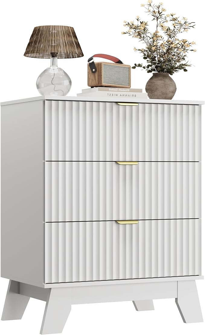 White Night Stand with 3 Drawers, Bedside Table & End Table, 24" Wide Mid Century Modern Fluted Wood Nightstand with Metal Handles, Farmhouse Night Stands for Bedroom