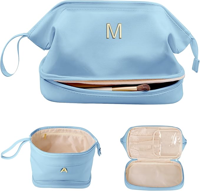 Birthday Gifts for Women, Initial Large Makeup Bag, Personalized Double Layer Cosmetic Bag with Makeup Brush Organizer, Waterproof, PU Leather Travel Toiletry Bag,Bride Gift Monogrammed Gifts